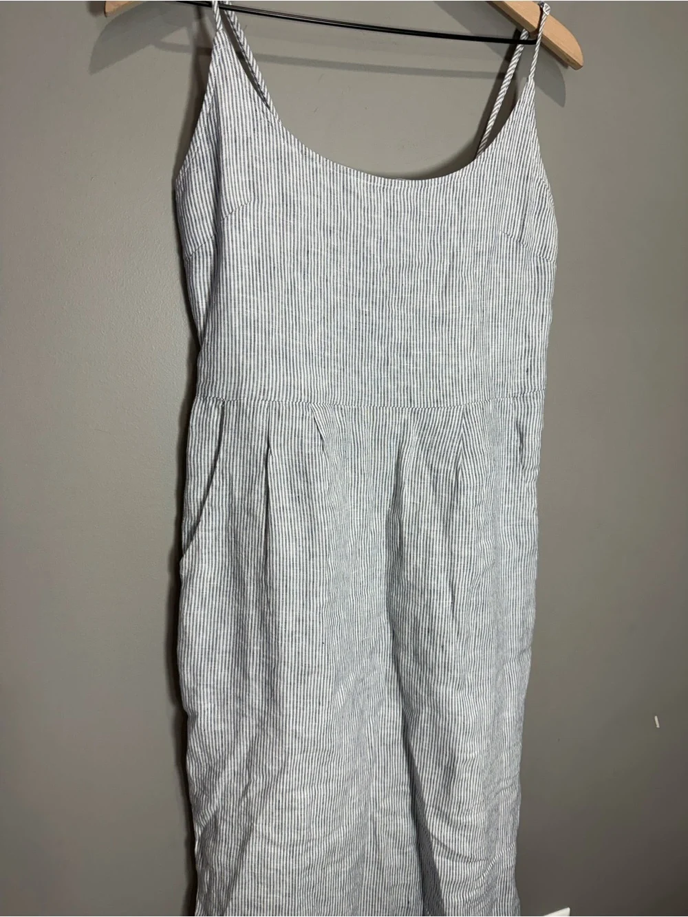 Quince 100% European Linen Scoop Neck Midi Dress Blue Pinstripe S